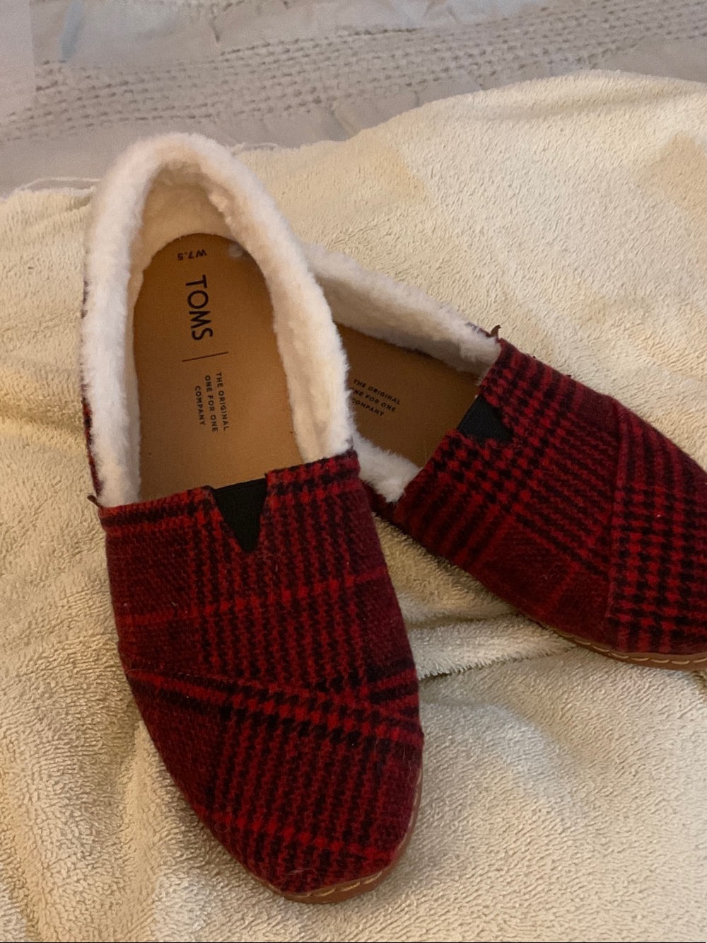 TOMS Red Plaid Slip-On Slippers with White Sherpa Lining